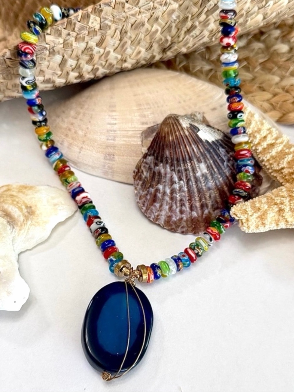 Colorful Boho Beach Glass & Solar Agate Beaded Necklace